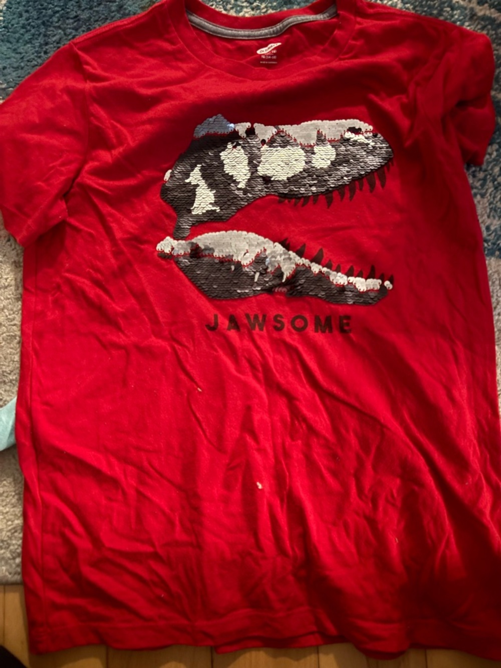 Old Navy Red Kids Short Sleeve Tee with Reversible Sequin Dino Jaw